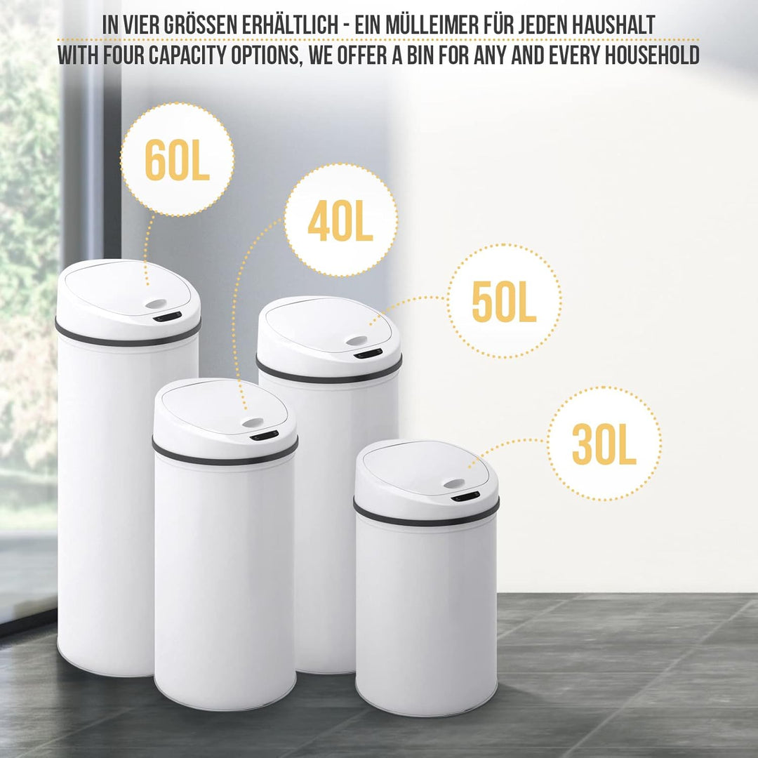 Jago® Mülleimer mit Sensor - 30/40/50/60L, Edelstahl/verzinkter Stahl, Rund, mit Klemmring, für Küch