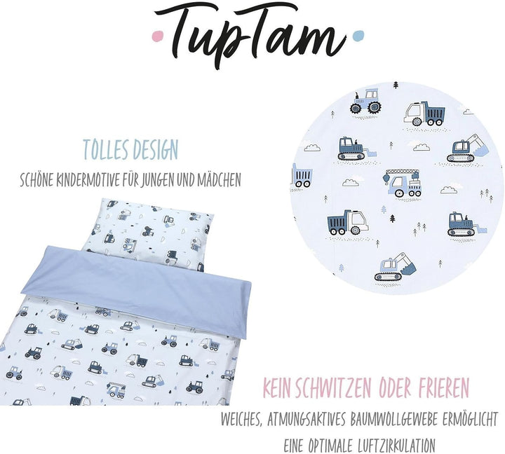 TupTam Kinder Bettwäsche Gemustert 2-Teilig Wendebettwäsche, Farbe: Baufahrzeuge/Bagger/Blau/Grau, G