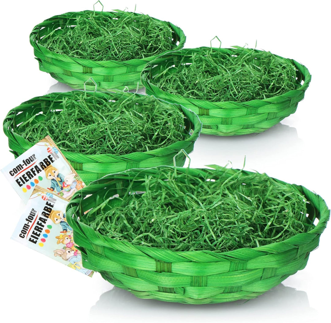 com-four® 4X Osterkörbchen mit Deko Gras und Eierfarben - grüne Osterkörbe mit grünem Gras - Bastkor