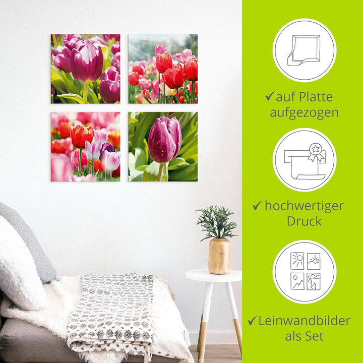 ARTLAND Leinwandbilder auf Holz Wandbild Bild Set 4 teilig je 40x40 cm Quadratisch Natur Blumen Tulp