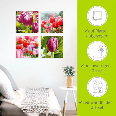 ARTLAND Leinwandbilder auf Holz Wandbild Bild Set 4 teilig je 30x30 cm Quadratisch Natur Blumen Tulp