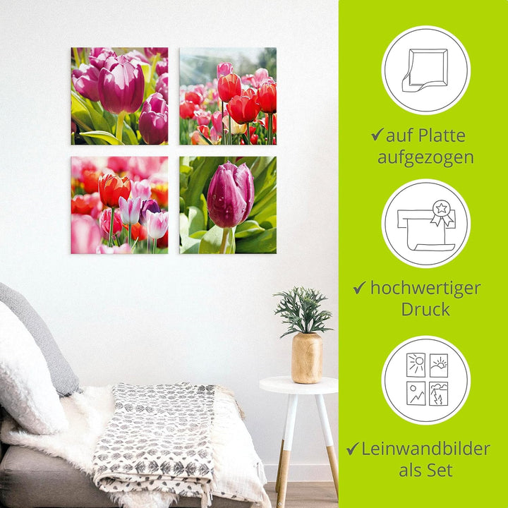 ARTLAND Leinwandbilder auf Holz Wandbild Bild Set 4 teilig je 30x30 cm Quadratisch Natur Blumen Tulp