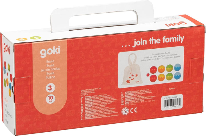 goki 56658 - Boule inklusive Baumwollbeutel - Outdoor-Familienspiel mit 9 Kugeln aus Holz; ideal für