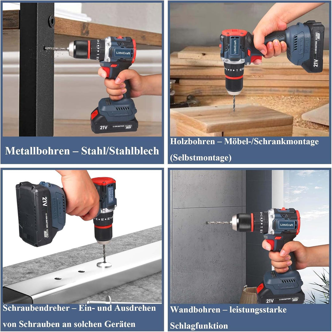 Akkubohrschrauber 21V mit Bürstenlosem Motor, 13mm Schnellspannbohrfutter, 3-in-1 Schlagbohrschraube