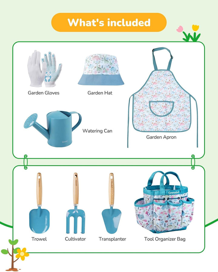 Grenebo-Gartenspielzeug für Kinder, inklusive Metallkelle, Pflanzschaufel, Gartenhut, Rechen, Schürz