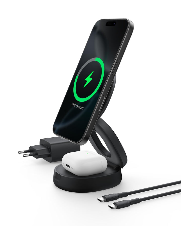 Belkin BoostCharge 2-in-1 Induktive Ladestation mit Qi2, 15W, MagSafe-kompatibles Ladegerät, Kabello