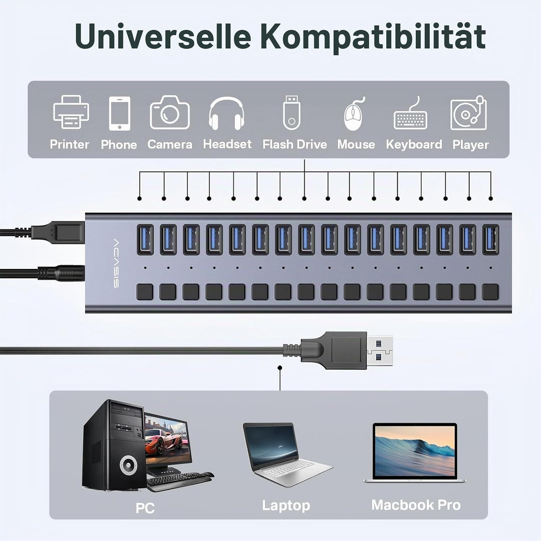 Powered USB 3.2 Hub, ACASIS 16 Ports USB 3.2 Hub mit 10Gbps Datenrate, Aluminiumgehäuse, USB Hub Pow