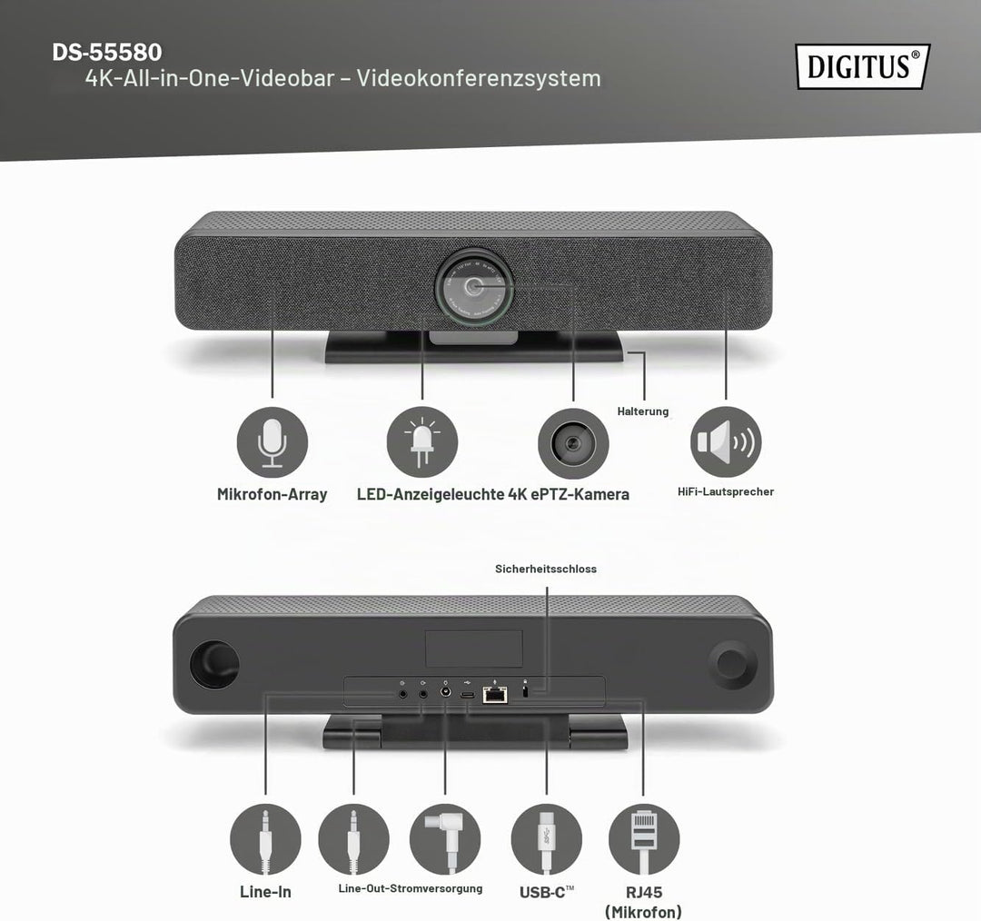 DIGITUS DS-55580 Video Bar Pro, Video-Konferenz-System – 4K UHD 30 Hz ePTZ Webcam Kamera – 1 Tischmi
