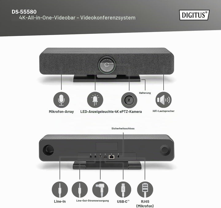 DIGITUS DS-55580 Video Bar Pro, Video-Konferenz-System – 4K UHD 30 Hz ePTZ Webcam Kamera – 1 Tischmi