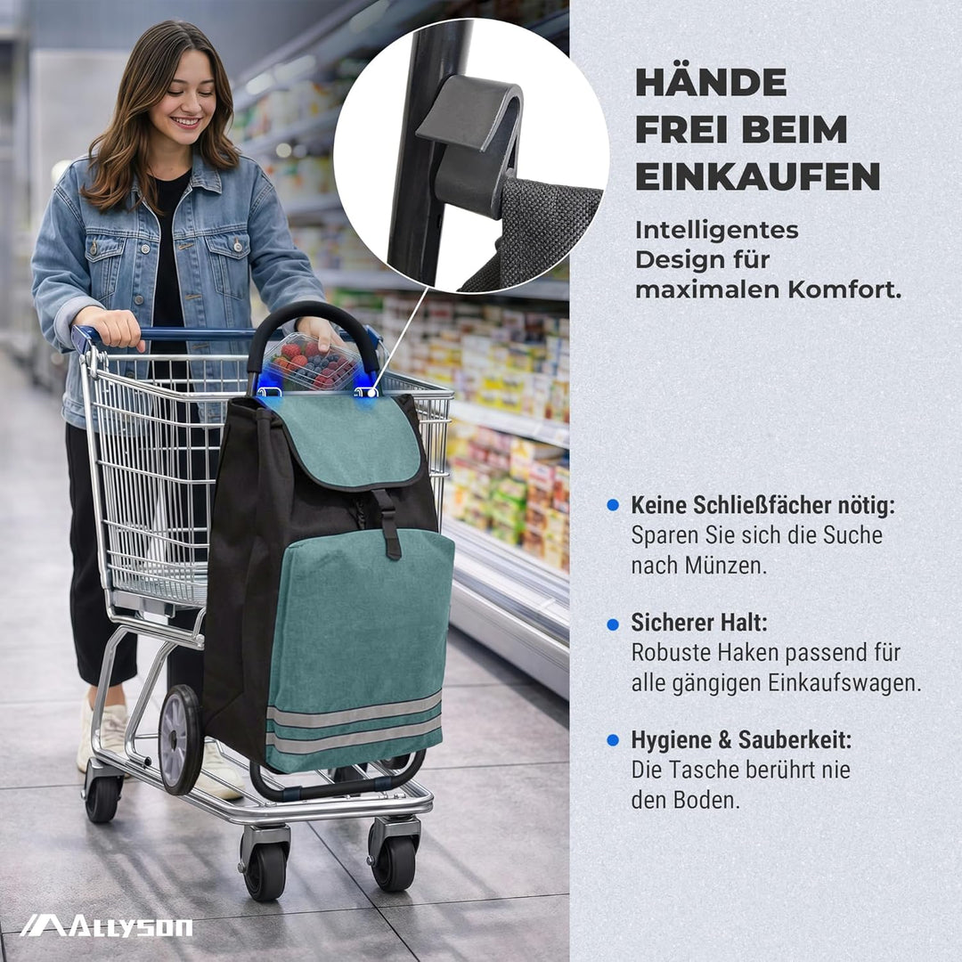 Allyson® Einkaufstrolley klappbar mit Reflektoren & Kühltasche, Einkaufswagen 45L Kapazität, Wetterf