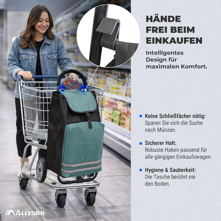 Allyson® Einkaufstrolley klappbar mit Reflektoren & Kühltasche, Einkaufswagen 45L Kapazität, Wetterf
