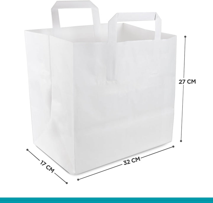 Commerline Papiertüten 250 Stück, Weiss, 32+17x27 cm | Kraftpapier Tüten Klein Mit Henkel | Tragetas