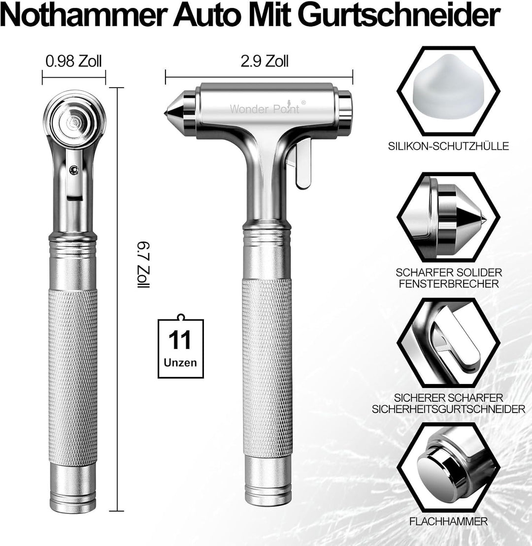 WONDER POINT Premium Auto Sicherheitshammer, Notfall-Fluchtwerkzeug Mit Autofensterbrecher Und Siche
