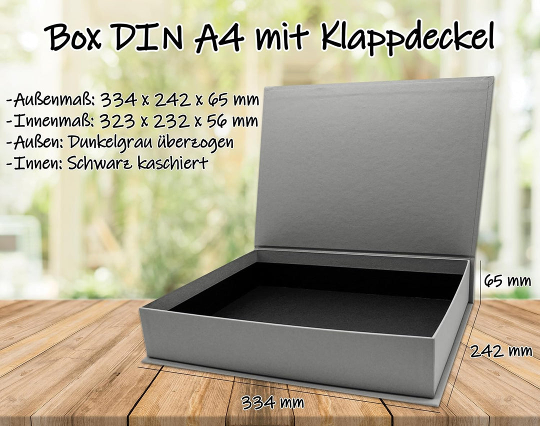 NEUSER PAPIER Geschenkbox mit Klappdeckel - 4 Stück - DIN A4 - Dunkelgrau bezogen - innen schwarz ka