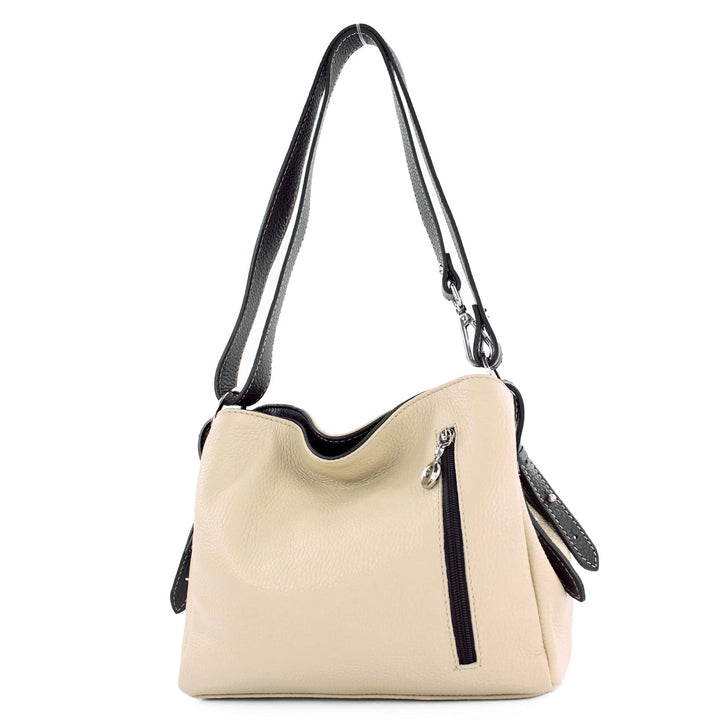 modamoda de - T220 - ital. Schultertasche Klein aus Echtleder Creme/Dunkelbraun, Creme/Dunkelbraun