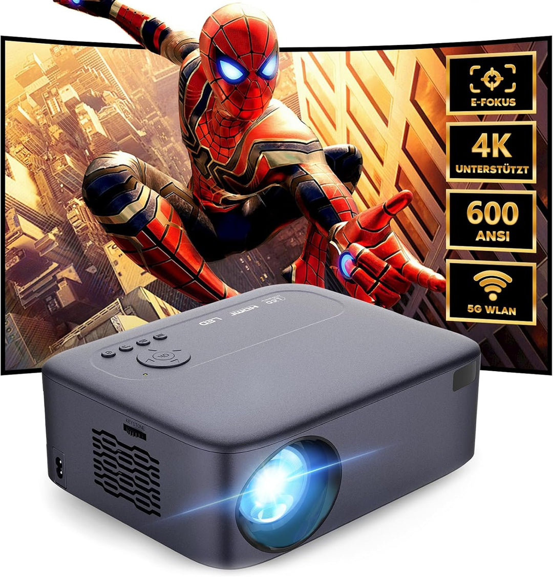 [Elektrischer Fokus/Trapezkorrektur/Zoom] Beamer, Beamer 4K Unterstützt 600ANSI WiFi6 Zwei-Wege Blue