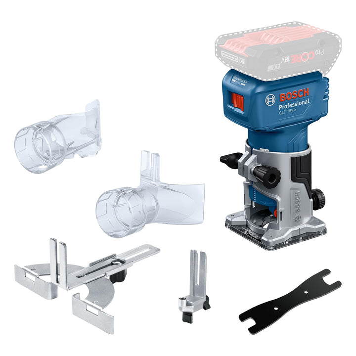 Bosch Professional 18V System Akku-Kantenfräse GLF 18V-8 (inkl. Parallelanschl., Saugadapter Oberflä