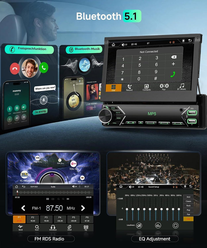 Autoradio 1 Din Carplay Android Auto Wireless mit 7 Zoll Manuell einziehbar Bildschirm,FM Radio mit
