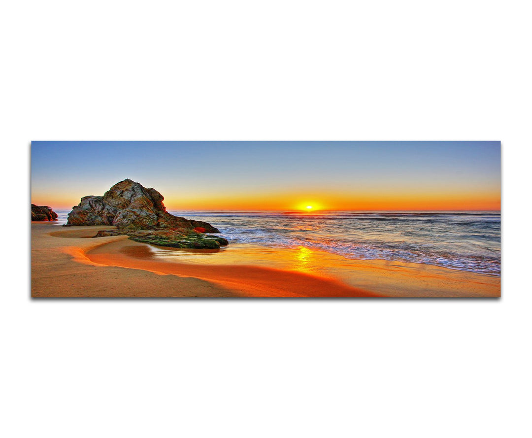 Paul Sinus Art Panoramabild auf Leinwand und Keilrahmen 120x40cm Strand Meer Sonnenaufgang Fels