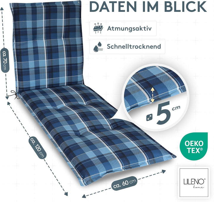 LILENO HOME Sonnenliege Auflage als [1er Set - Rollliege] in Karo Blau - Gartenliegen Auflage perfek