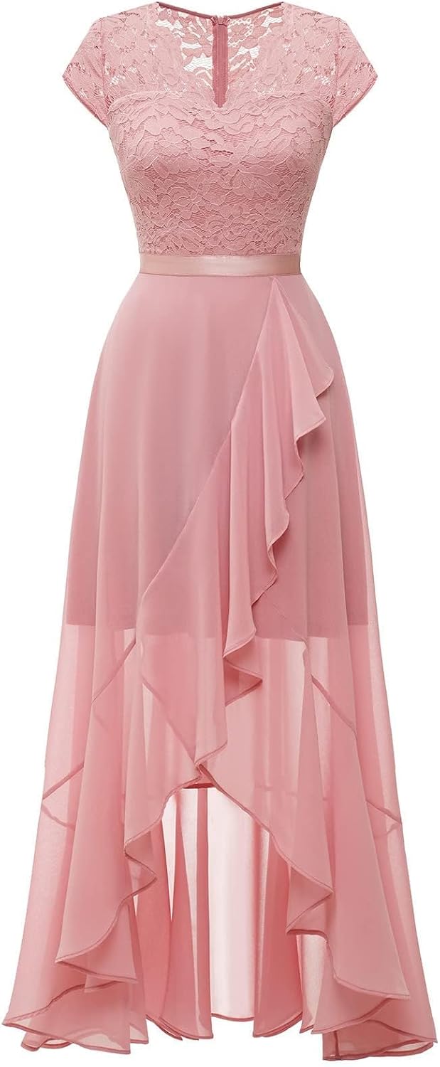 Bbonlinedress Abendkleider elegant für Hochzeit Spitzenkleid Chiffon Hi-Lo Kleid Brautjunferkleid Pa