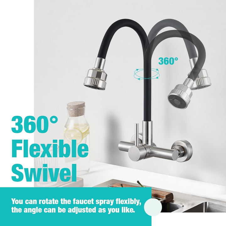 CREA Wandarmatur für Küche mit Schwarzer 360° flexibler Silikon Weichschlauch, Einhebelmischer Küche