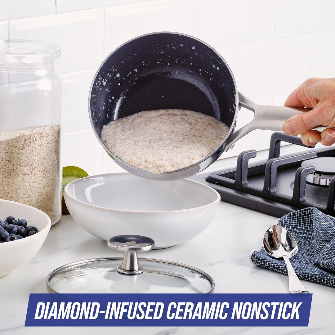 Blue Diamond Cookware Triple Steel Edelstahl Diamantverstärkte Keramik Antihaft, 16 cm/1,2L Stielkas