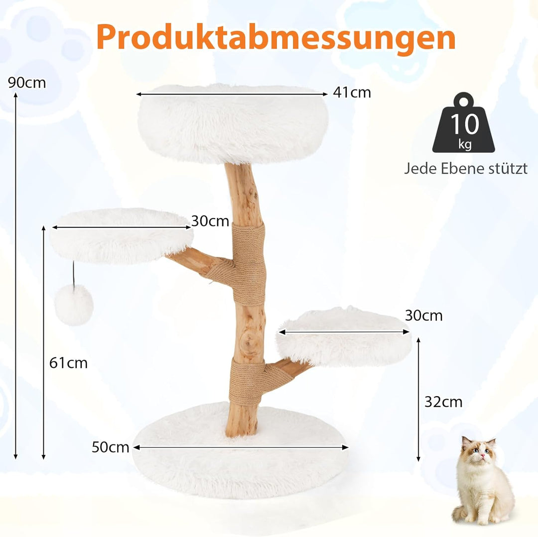 COSTWAY 90cm Kratzbaum Holz, Katzenbaum mit 4 Plüschsitzflächen, Ball & Kratzpfosten aus Jute und Ma