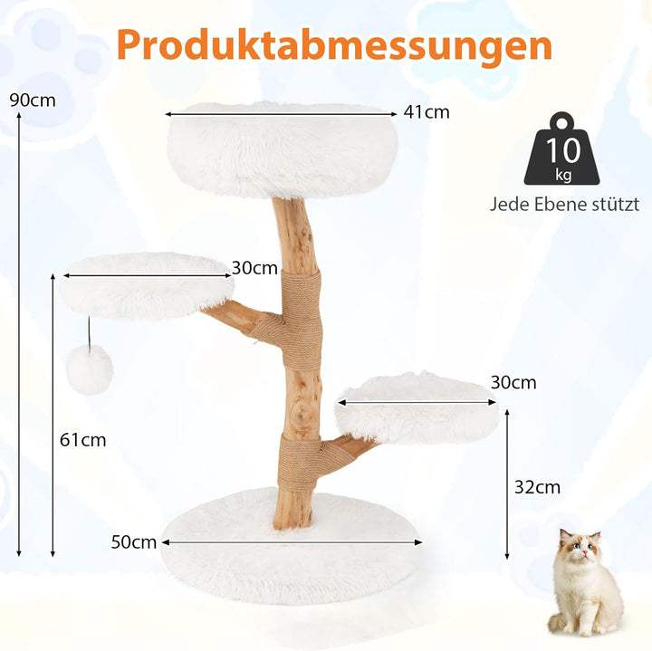 COSTWAY 90cm Kratzbaum Holz, Katzenbaum mit 4 Plüschsitzflächen, Ball & Kratzpfosten aus Jute und Ma