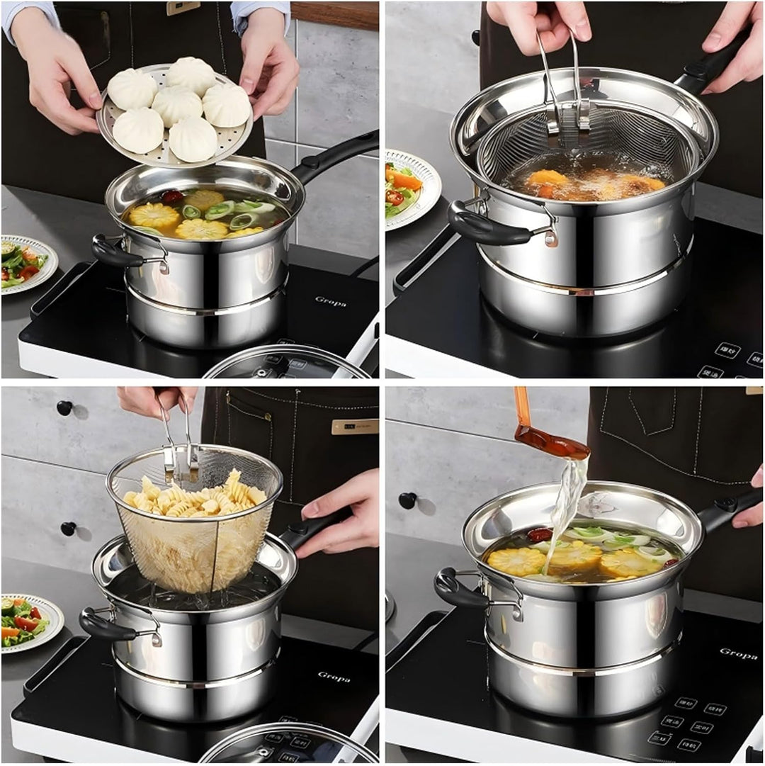 Fritteusen Set Edelstahltopf Kleine Fritteuse Chips Pfannen mit Korb und Deckel Pasta Sieb Drahtkorb