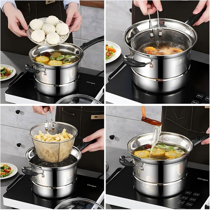 Fritteusen Set Edelstahltopf Kleine Fritteuse Chips Pfannen mit Korb und Deckel Pasta Sieb Drahtkorb