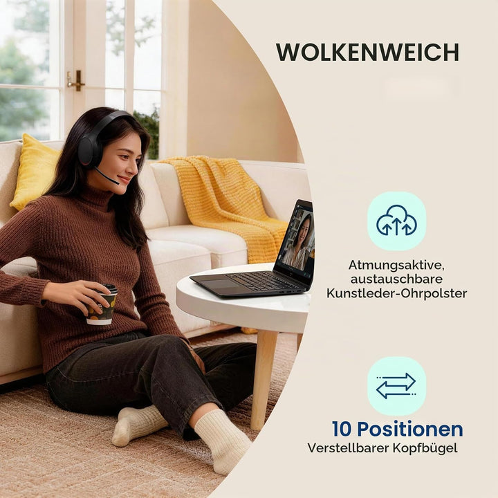 Yealink BH78 Bluetooth Headset mit Lärmschutz Mikrofon, Kopfhörer Over Ear für Homeoffice, Zoom/Team