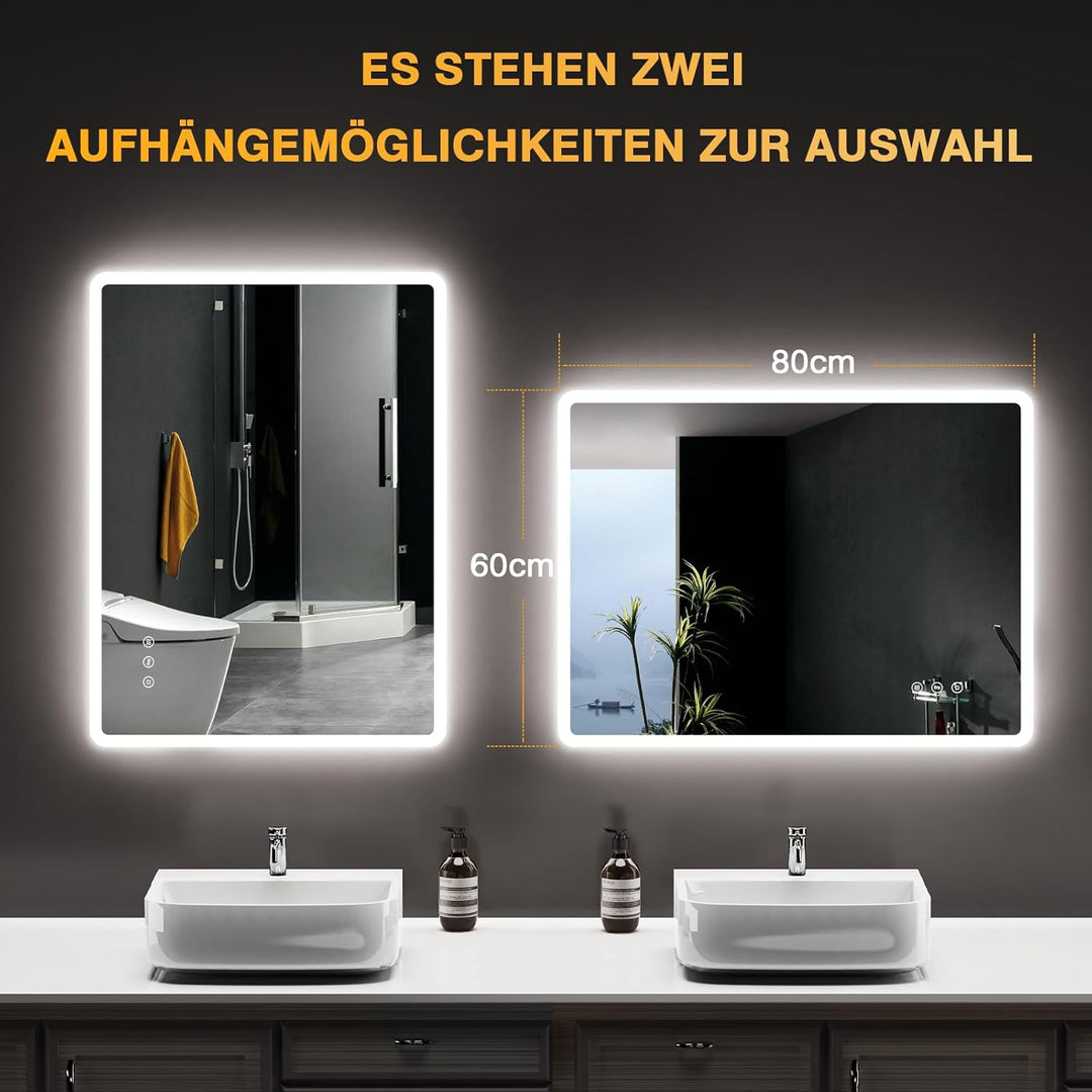 80x60 cm LED Badspiegel mit Beleuchtung – Dimmbare, Antibeschlag, 3 Lichtfarben, IP44, Speicherfunkt