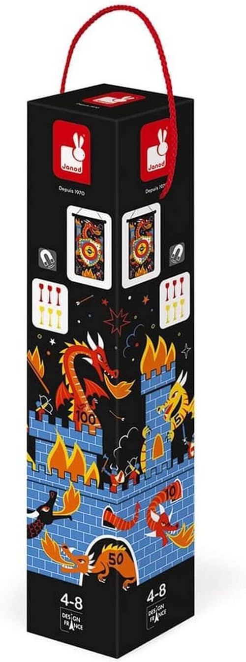 Janod - Magnetisches Dartspiel mit dem Thema Drachen und Ritter - Vorderseite/Rückseite Geschicklich