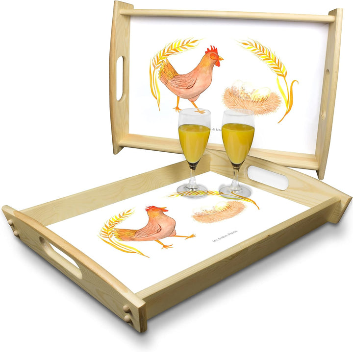 Mr. & Mrs. Panda Serviertablett Huhn Stolz - Geschenk, Servier Tablett, Hahn, Bauernhof, aus Holz, S