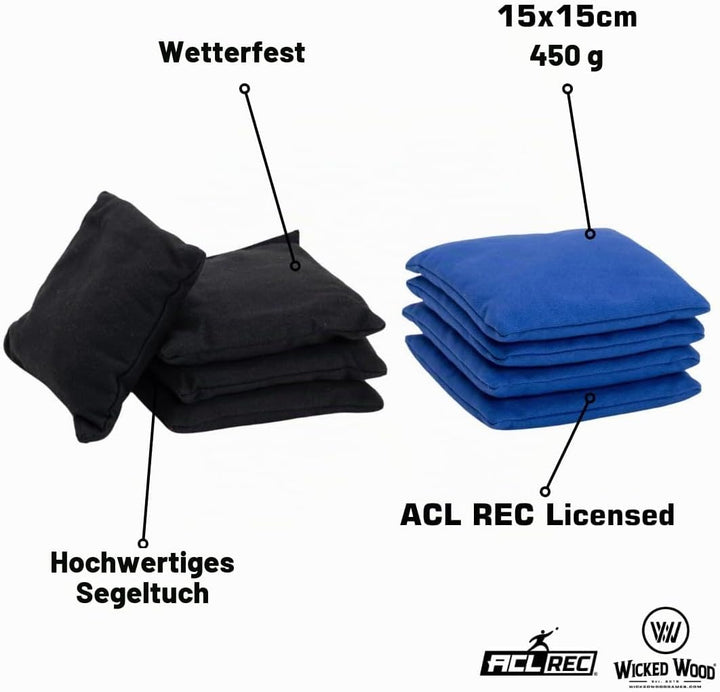 Wicked Wood Games Cornhole Bags – 2 x 4 Offizielle ACO-konform – mehrere Farboptionen schwarz / blau