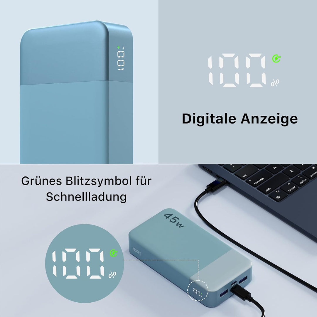 NOBIS Power Bank, Powerbank 20000mAh, 45W Externe Handyakkus Schnellladen, Externer Akku mit C zu C