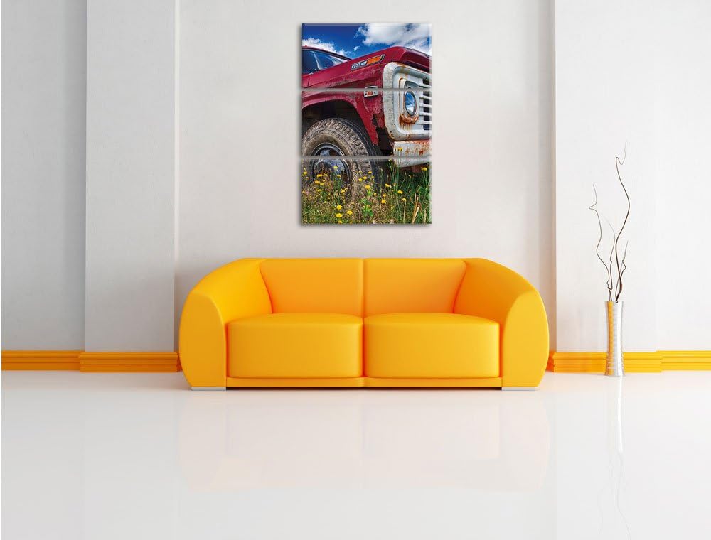 Pixxprint USA Truck auf Blumenwiese 3Teiler 120x80 cm Leinwandbild Wandbild Kunstdruck