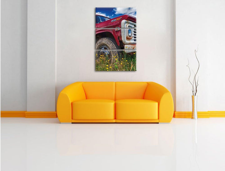 Pixxprint USA Truck auf Blumenwiese 3Teiler 120x80 cm Leinwandbild Wandbild Kunstdruck