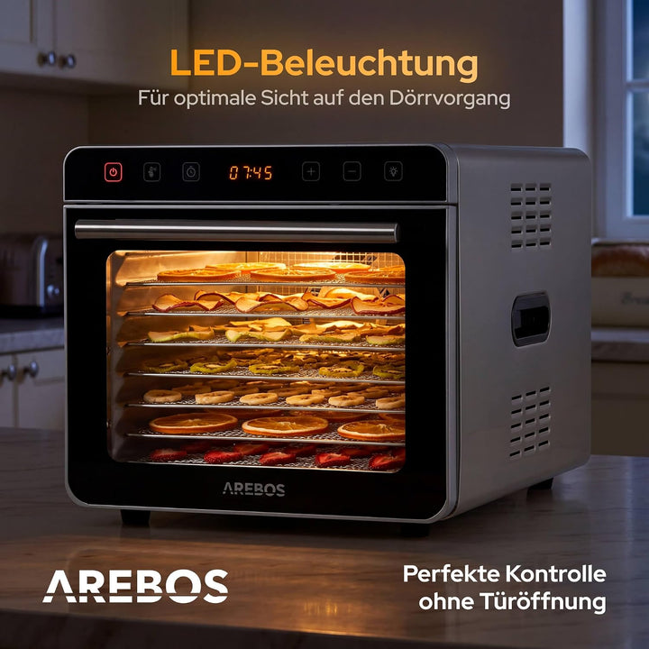 Arebos Dörrautomat Edelstahl 700W | Dehydrator mit 8 Gittern & 19L | Dörrgerät für Obst, Gemüse, Krä
