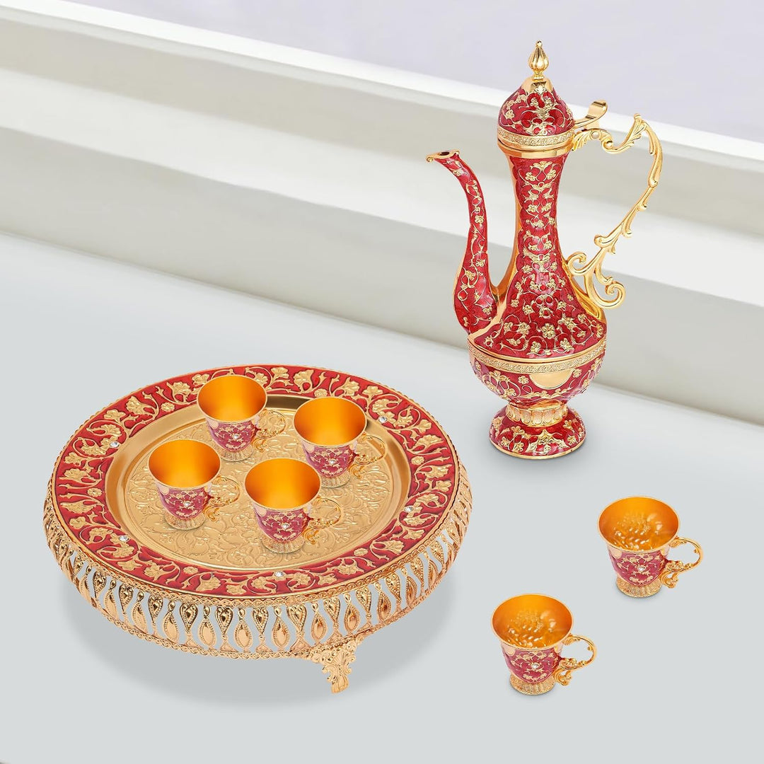 Vintage Türkische Kaffeekanne Set,Metallteekannenset mit 6 Kaffeetassen und Teetablett,Tee-Set Tee O