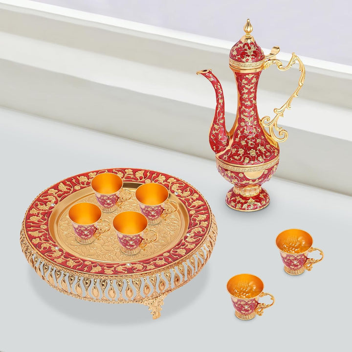 Vintage Türkische Kaffeekanne Set,Metallteekannenset mit 6 Kaffeetassen und Teetablett,Tee-Set Tee O