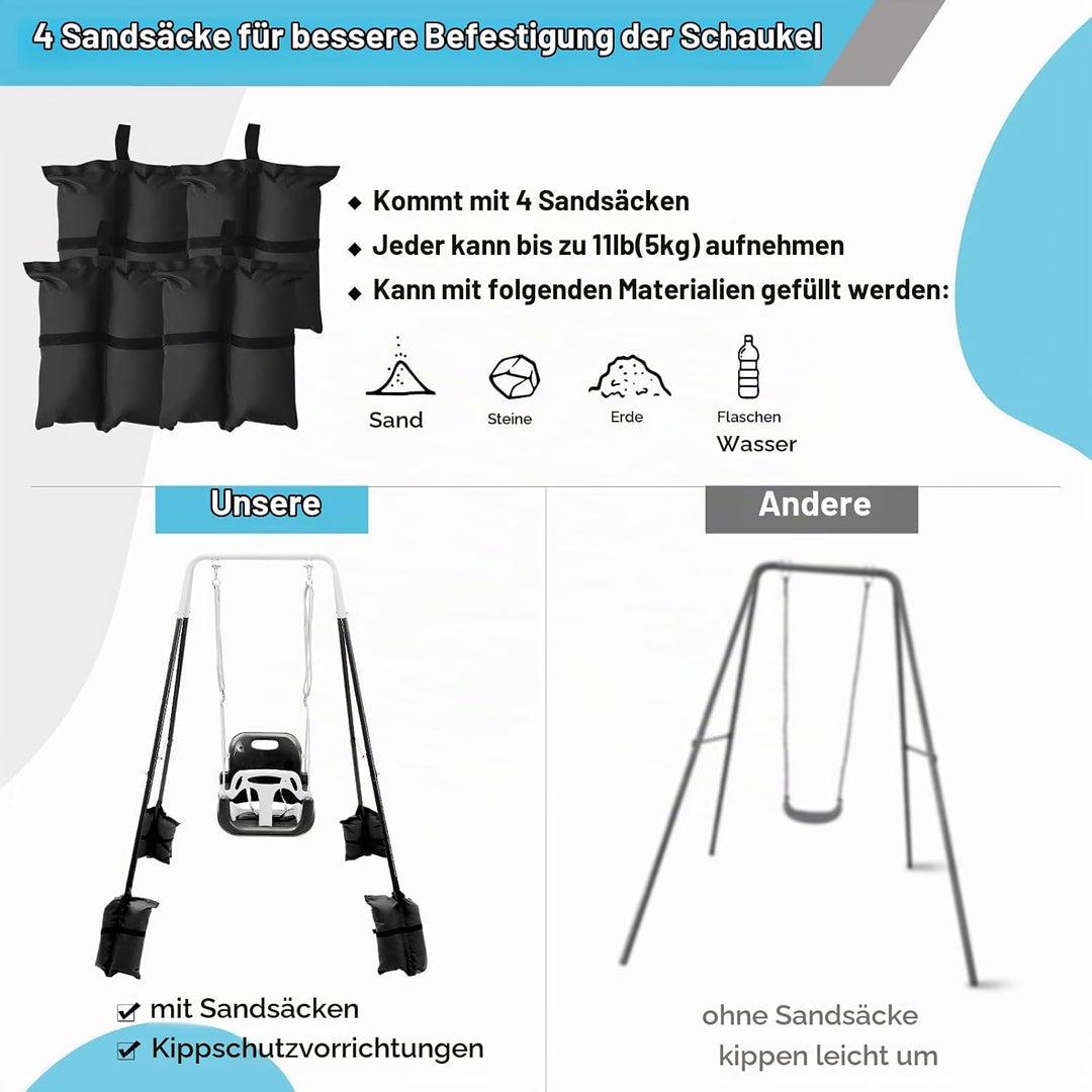 FUNLIO 3-in-1 Babyschaukel mit Gestell mit 4 Sandsäcken, Kinderschaukel mit Sicherheitsgurt für Drin