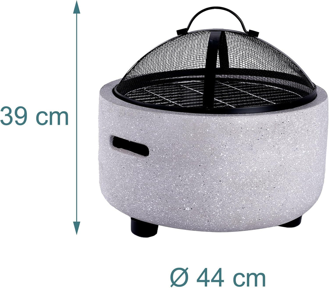 Relaxdays Feuerschale, Ø Schale 44 cm, Funkenschutz, Schürhaken, Steinoptik, Stahl, Feuerstelle Gart