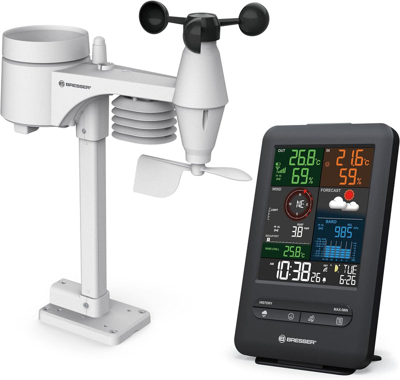 Bresser Wetterstation Funk mit Aussensensor Wetter Center 5-in-1 Beaufort mit grossem Farbdisplay, S