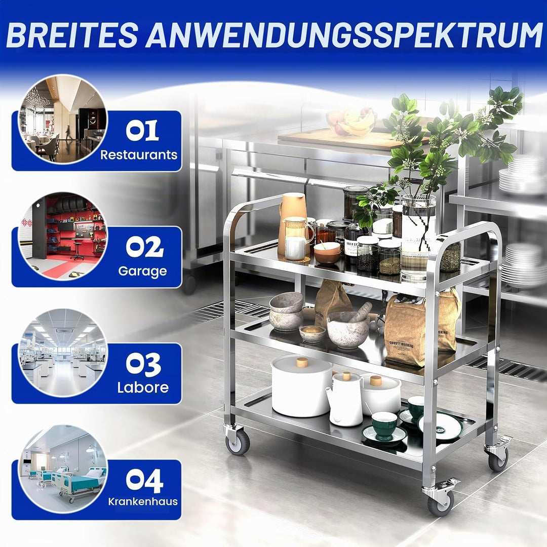 Servierwagen Küchenwagen Edelstahl Rollwagen Teewagen Transportabräumwagen Gastro Servierhilfe 3 Bor