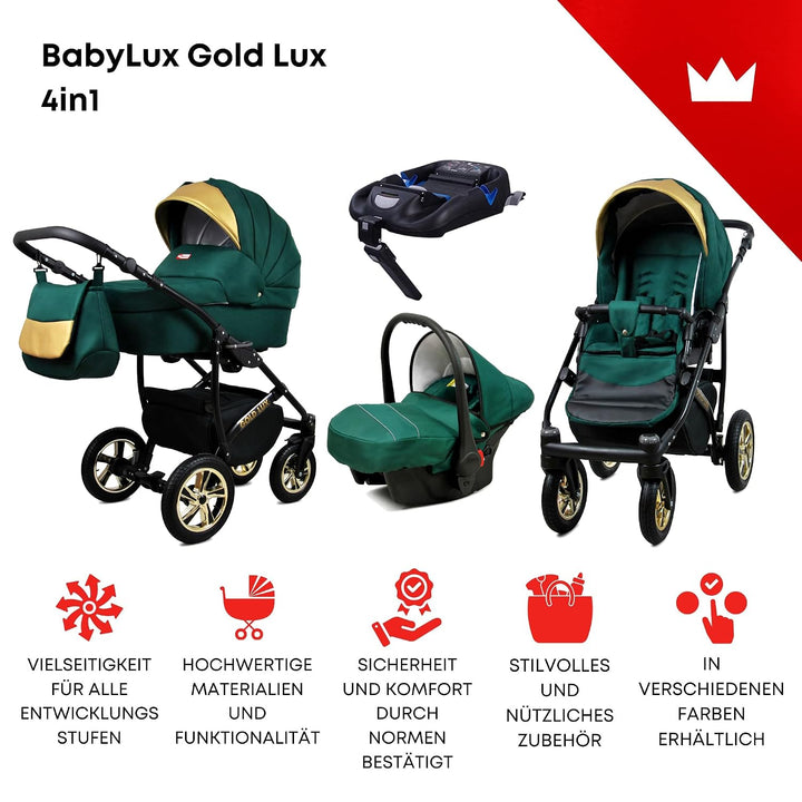 BabyLux® Kinderwagen Set 4 in 1 - Gold Lux - incl. Babywanne, Buggy Sportsitz, Auto-Babyschale, ISOF