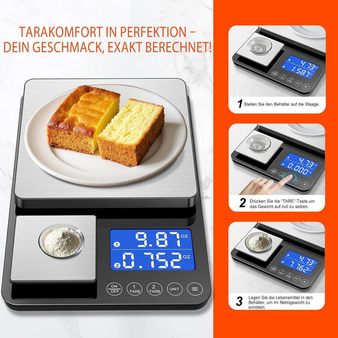 Digitale küchenwaagen mit Dual Plattform–Präzise 500g/0,01g&15kg/1g Messung, Tara-und Summierfunktio