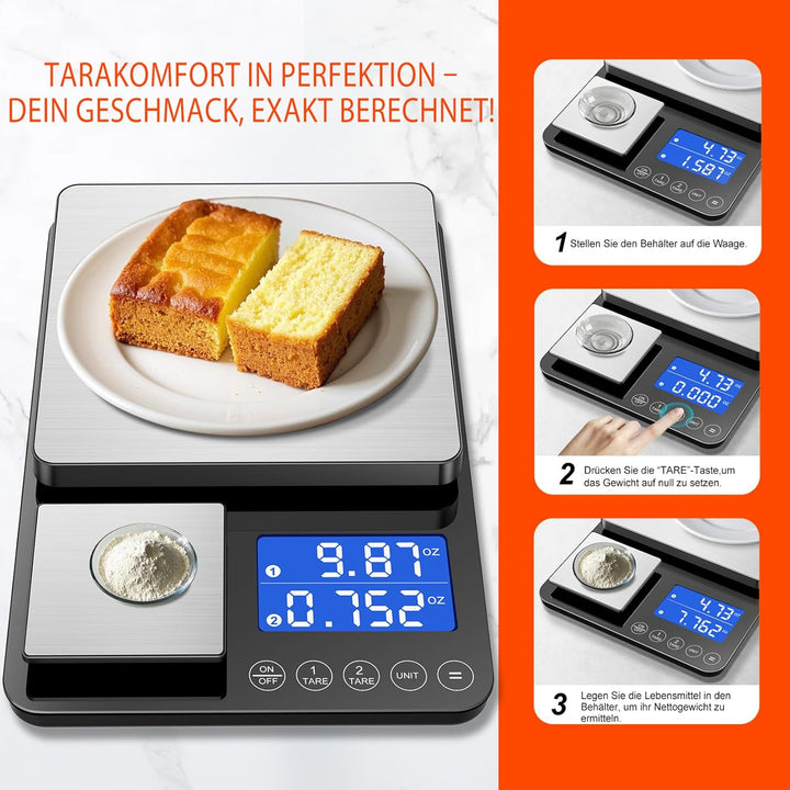 Digitale küchenwaagen mit Dual Plattform–Präzise 500g/0,01g&15kg/1g Messung, Tara-und Summierfunktio