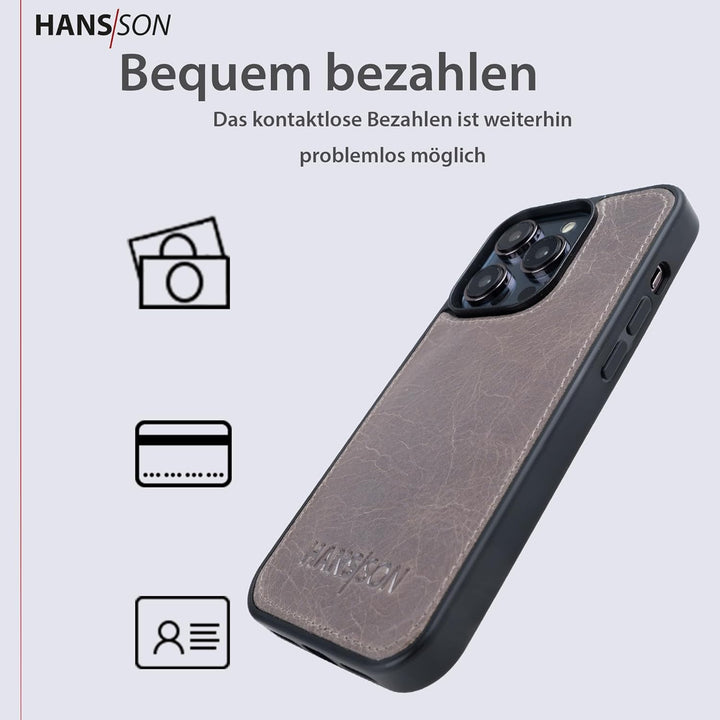 HANS/SON Echtlederhülle in Grau | iPhone 14 Pro Ledercase | Schutz vor Stürzen und Stössen | Magsafe